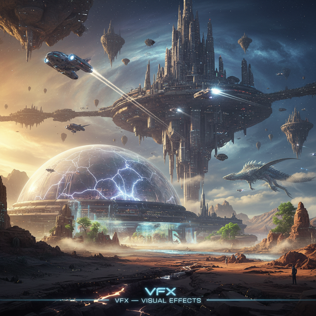 Futuristic spaceships fly past a massive floating city and a glowing dome on a rocky alien landscape.
