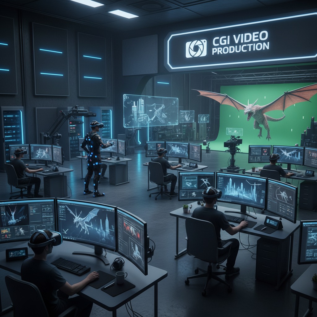 Several people in a high-tech studio work at computer stations displaying 3D CGI wireframes and a live green screen capture of a dragon.