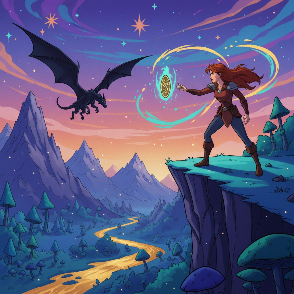 A red-haired woman in leather armor stands on a cliff, casting a spell at a flying black dragon above a mountainous valley.