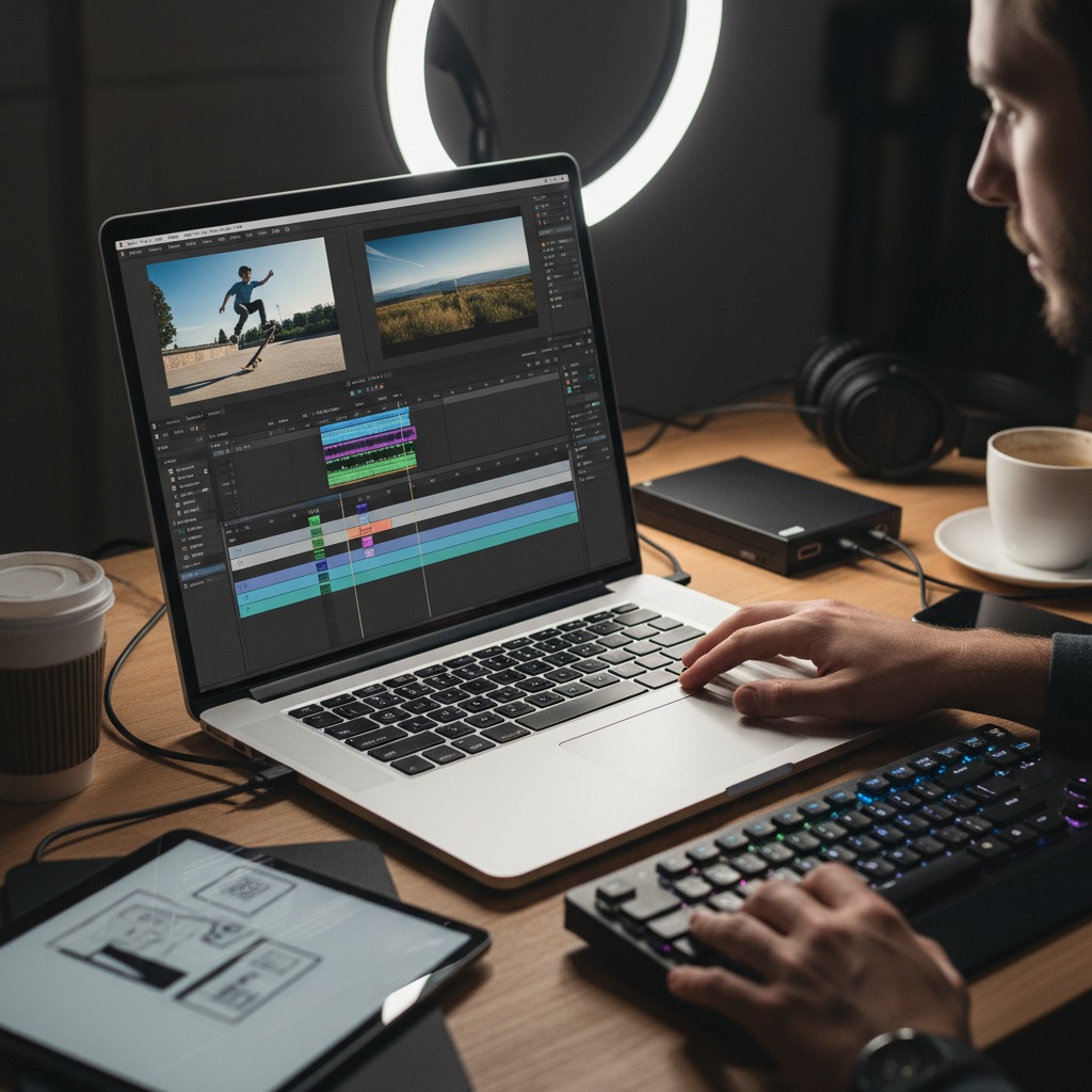 A video editor sits at a wooden desk, working on a laptop displaying editing software while typing on an external keyboard.