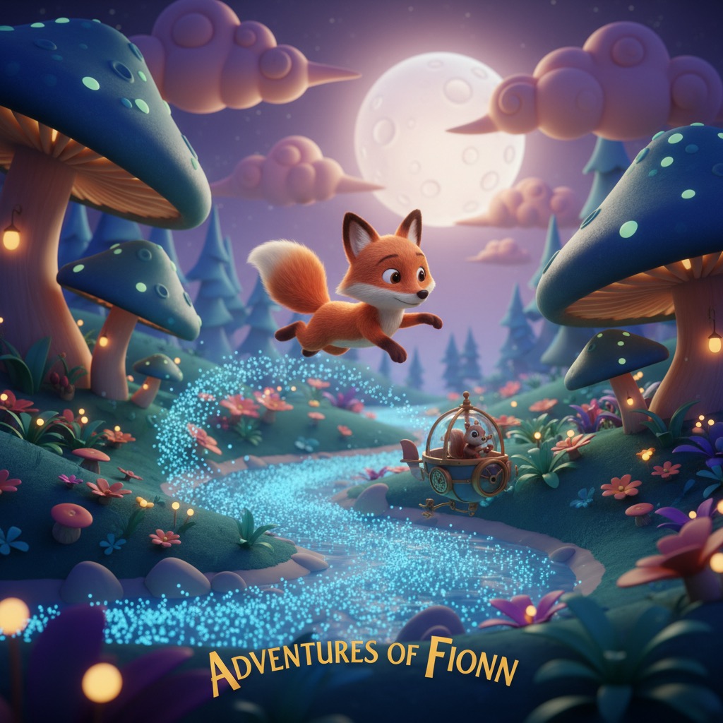 A whimsical 3D illustration features a fox leaping over a glowing blue stream in a magical forest under a full moon, with the title "Adventures of Fionn" at the bottom.