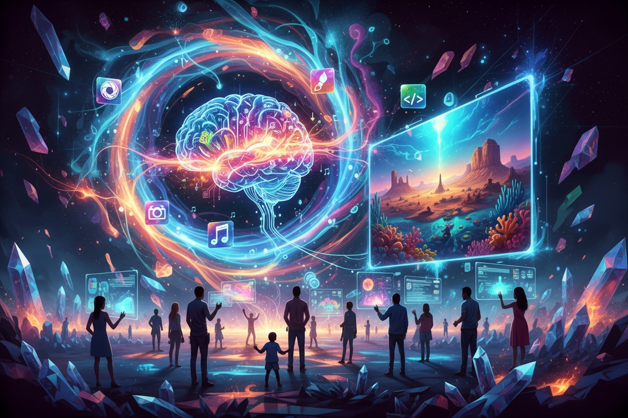 A crowd of silhouetted people watches a glowing neon brain and digital screens float in a crystal-filled landscape.