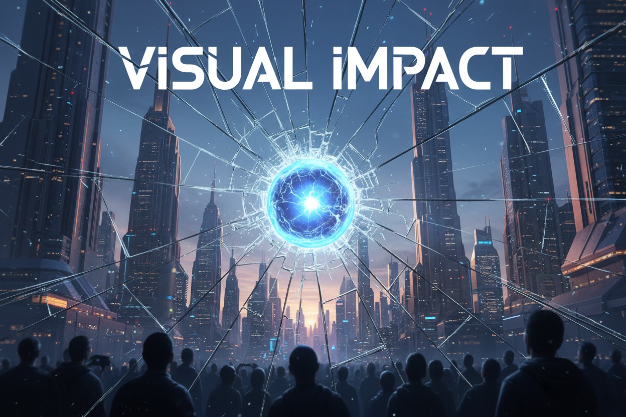A crowd of people looks up at a glowing blue sphere that has shattered a glass barrier in front of a futuristic city skyline, with the words "VISUAL IMPACT" overlaid at the top.