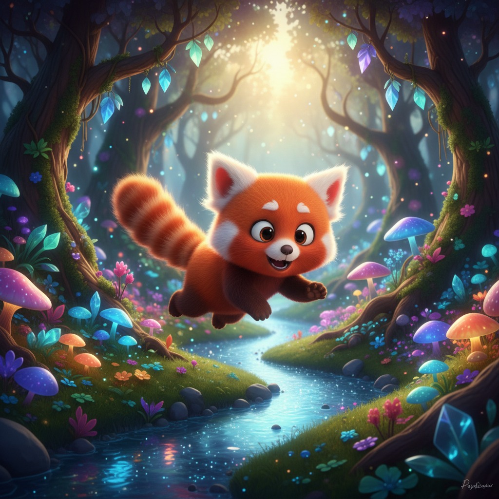 A cheerful red panda leaps over a sparkling stream in an enchanted forest filled with glowing mushrooms and magical lights.